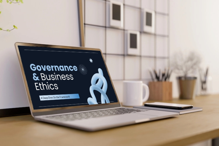 A business presentation on ethics being worked on on a laptop. A professional researcher presenting data and insights to a group of business people in a boardroom setting.